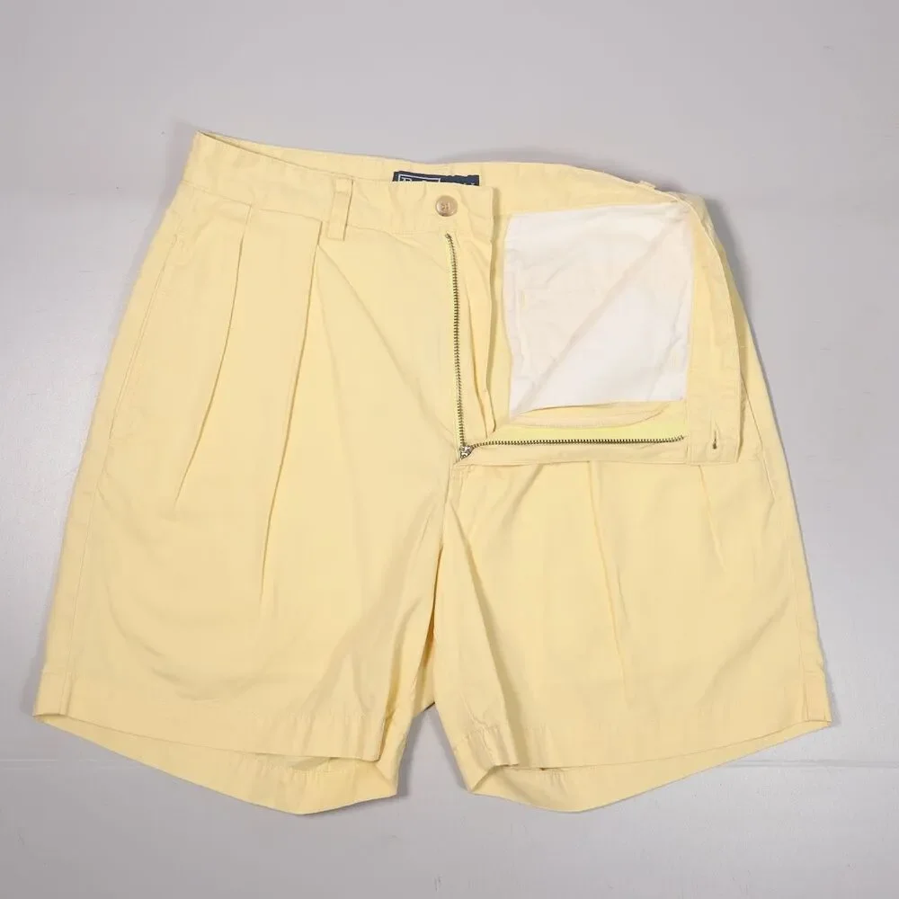 VTG Polo Ralph Lauren Andrew Shorts Yellow Pleated Cotton Mens 30 x 6